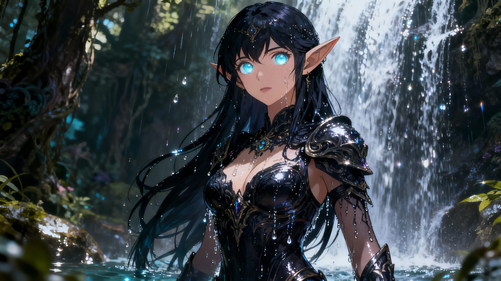 Anime Dark Elf Goddess Bathes in Waterfall