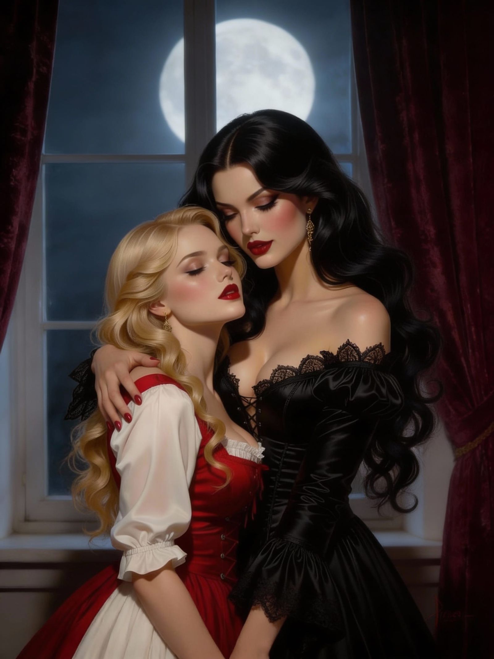 Vampiress Bites Peasant in Gothic Oil Painting