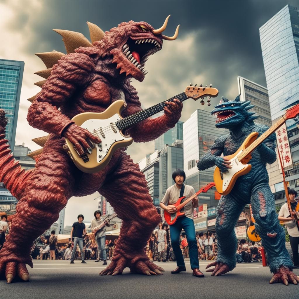 Giant Kaiju  Monster Musican band playing gitaur: and Mecha  Musicians, battle of the bands attacking each other Tokyo, ...
