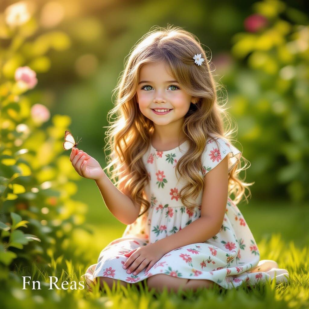 Beautiful Girl with Butterfly in Garden