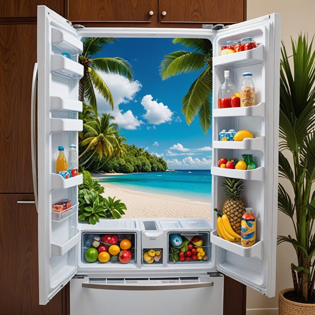 Tropical Beach Refrigerator Door: A Surreal AI Image