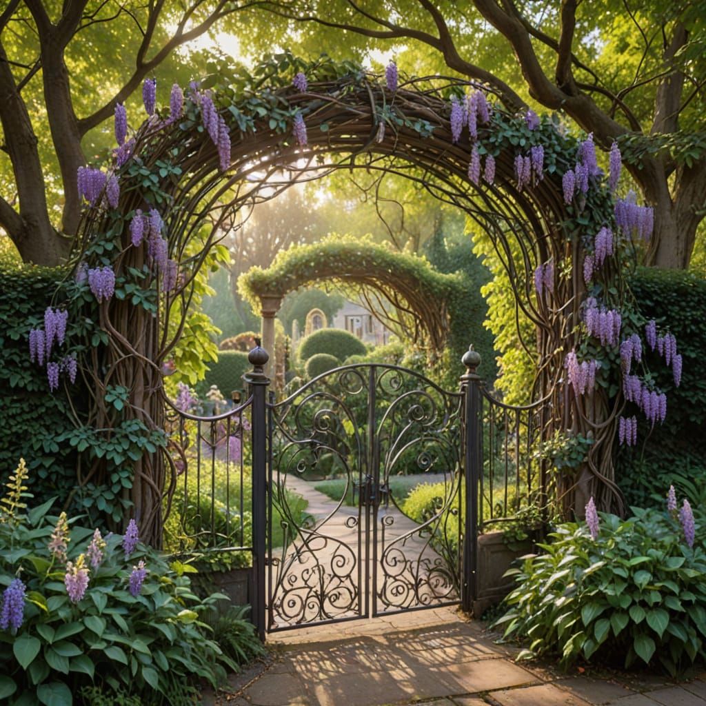 Majestic Garden Gate to a Serene Violet Evening Realm