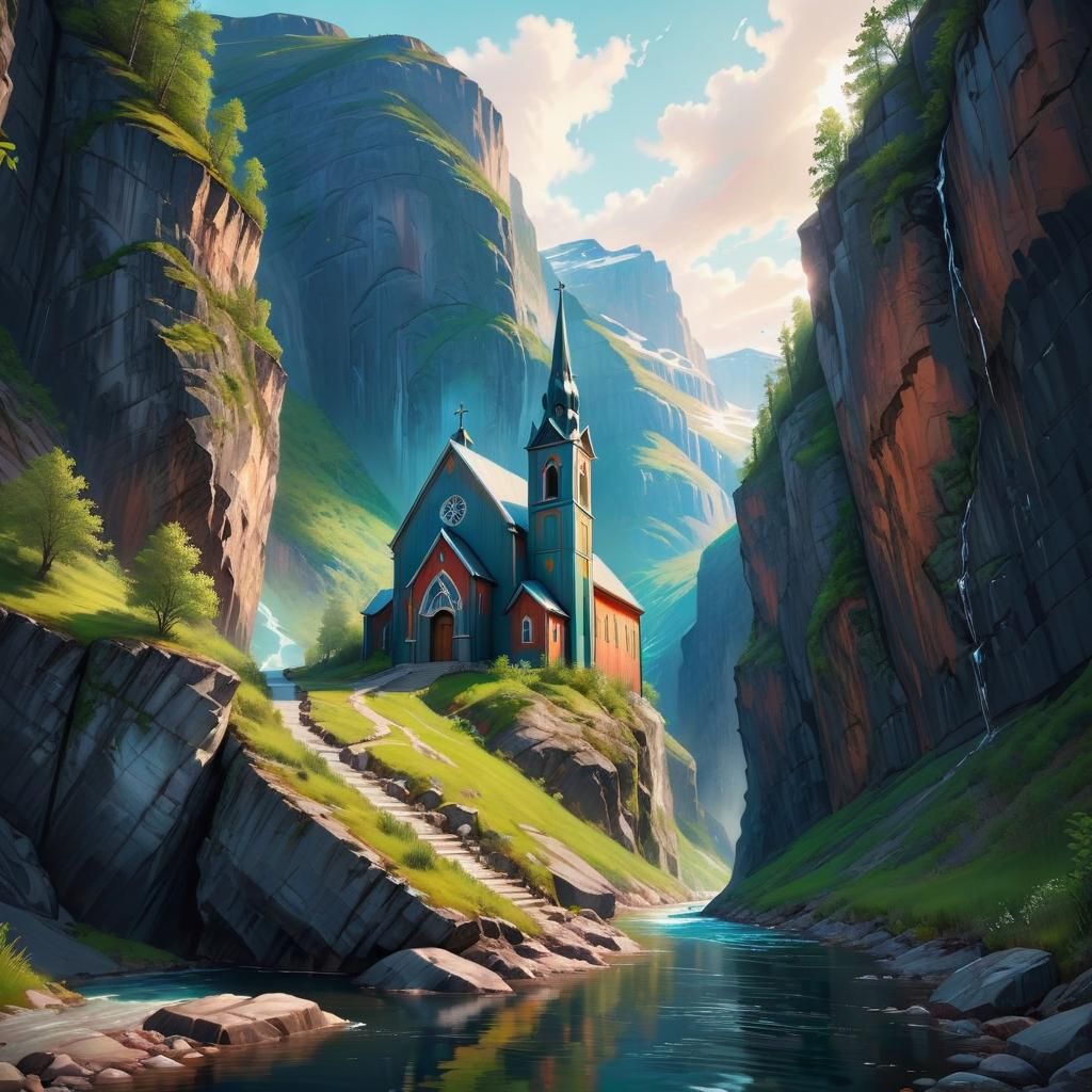 Swedish Fjord Canyon with Church and River