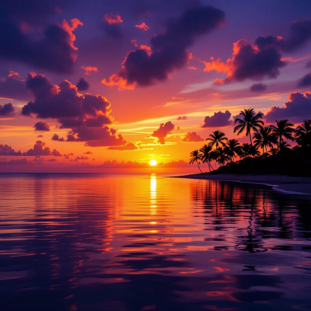 Vibrant Sunset Over Tranquil Ocean with Palm Trees