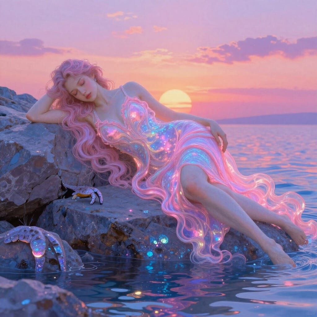Iridescent Mermaid Resting on Rocks in Ethereal Light