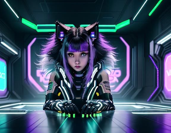 Cyberpunk Kitten Warrior in Futuristic Hologram Room