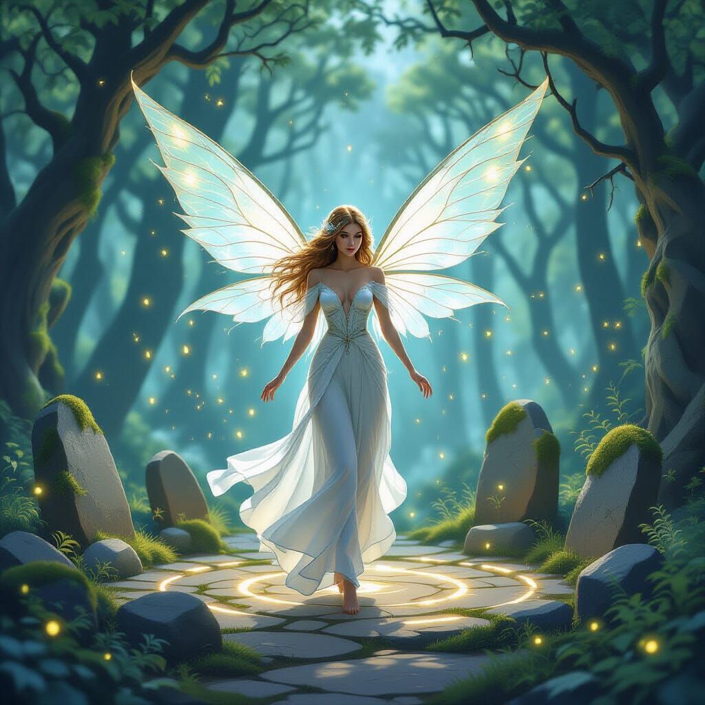 Ethereal Woman with Wings in Starlit Forest