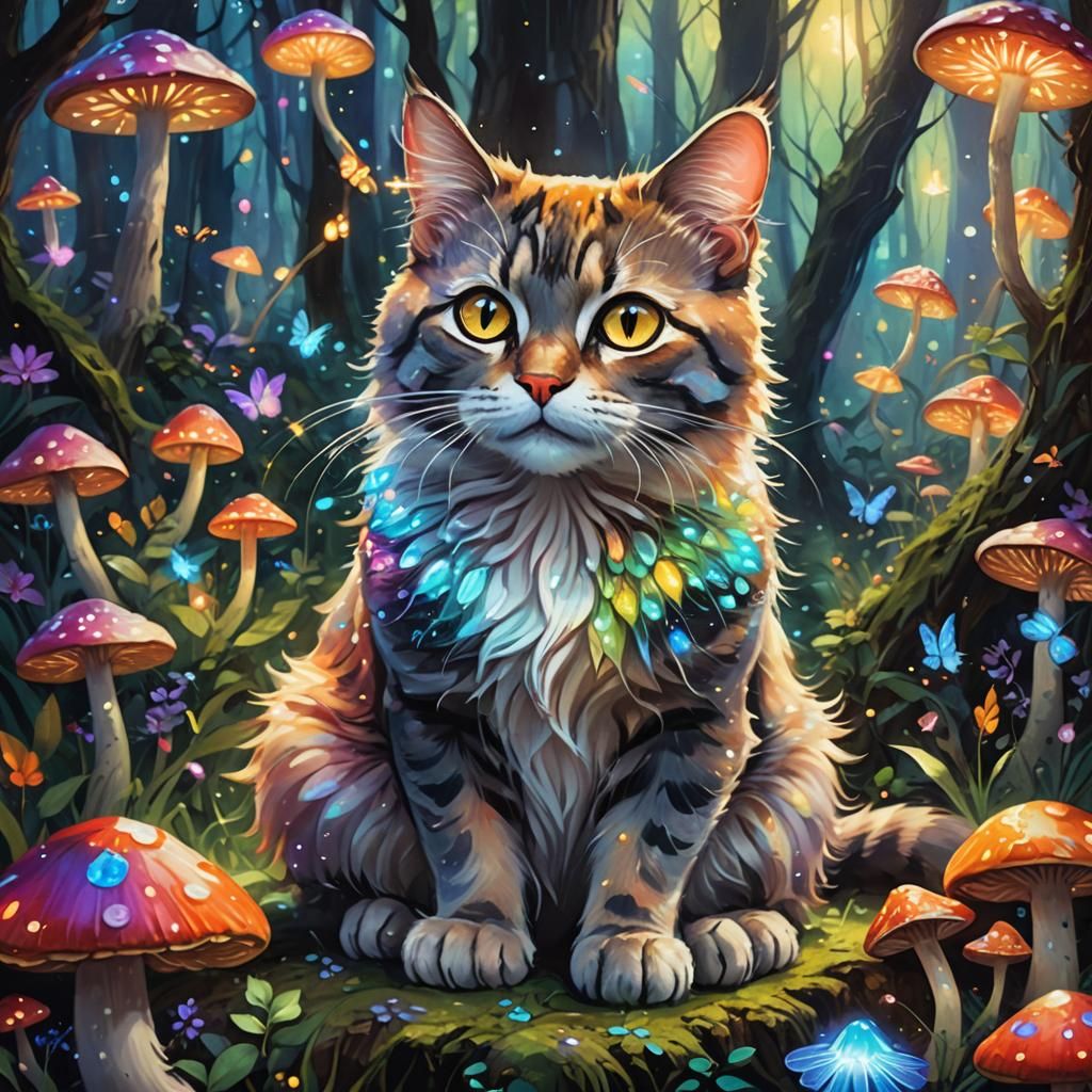 Mystical Cat in Enchanted Forest: Digital Art