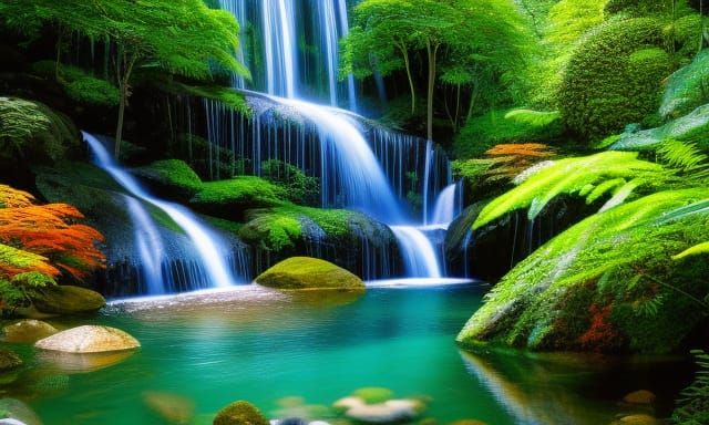 Colourful Rainforest Waterfall and Pond