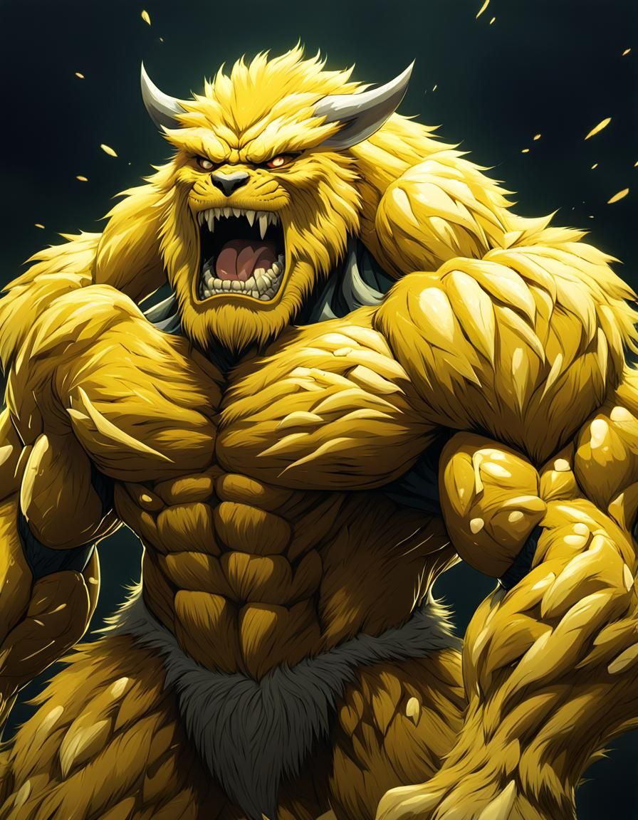 Yellow monster massive muscular muscle Man with lots of fur