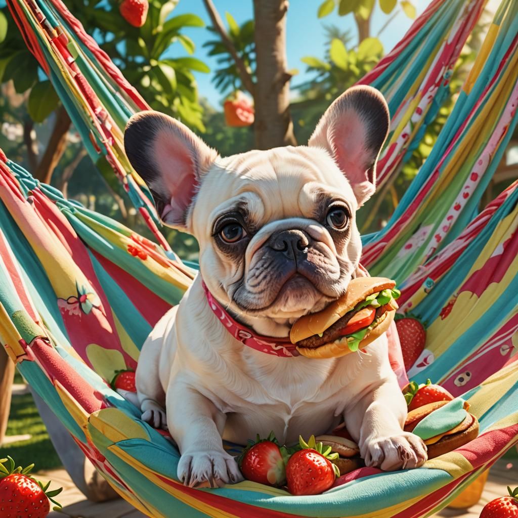 Frenchie in a hammock with a hamburger and strawberries