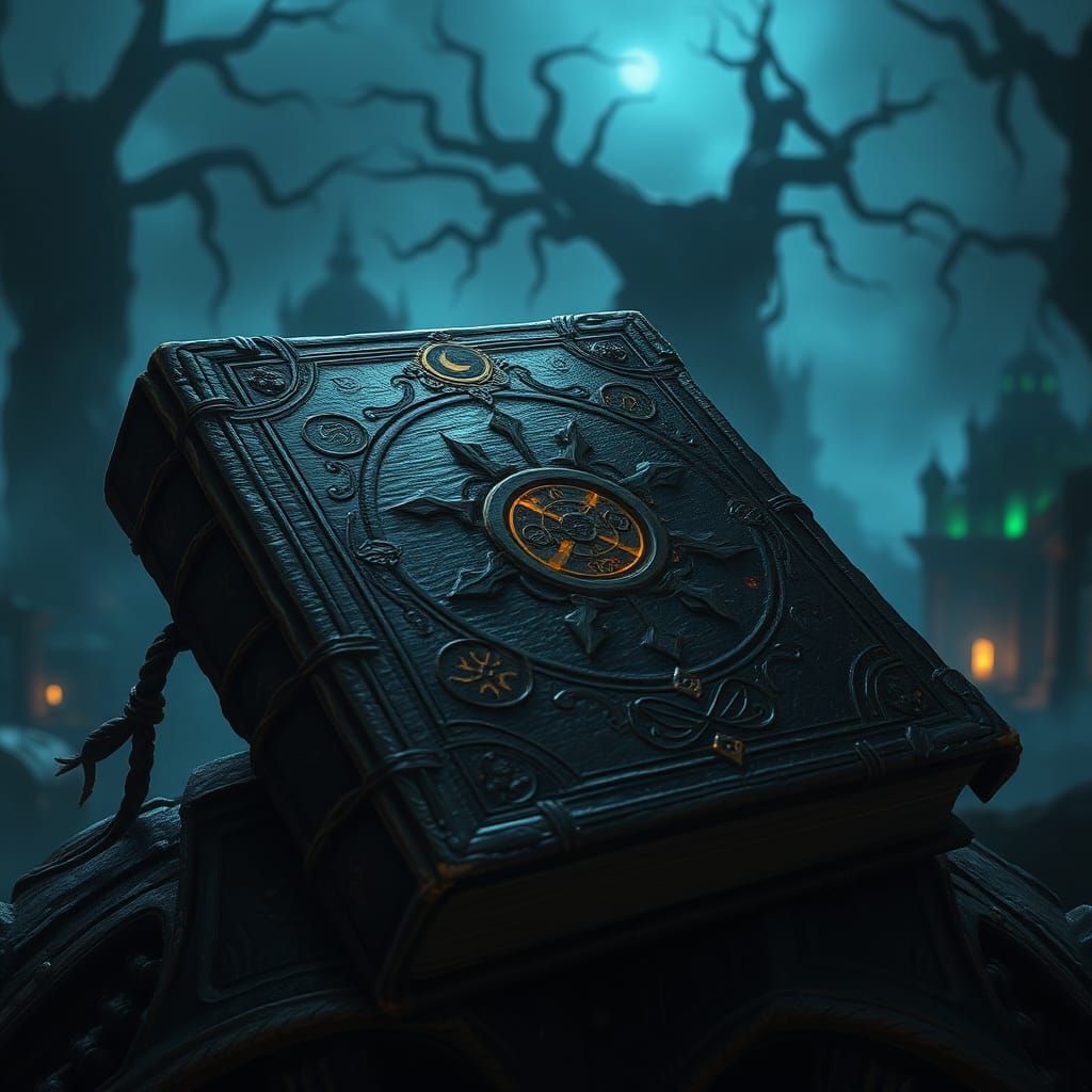Mysterious Tome with Pulsing Glyphs in Twilight Realm