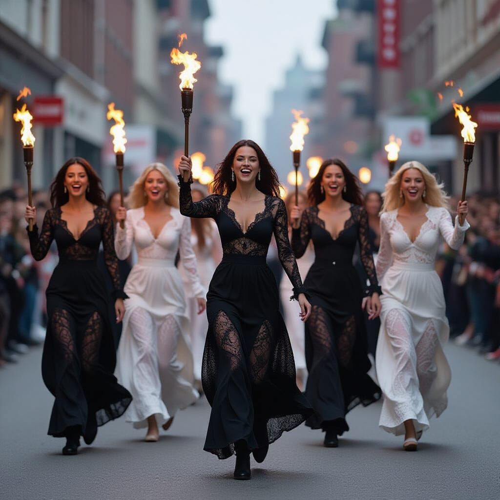 Joyful Women Run Through City with Torches, Futuristic Style