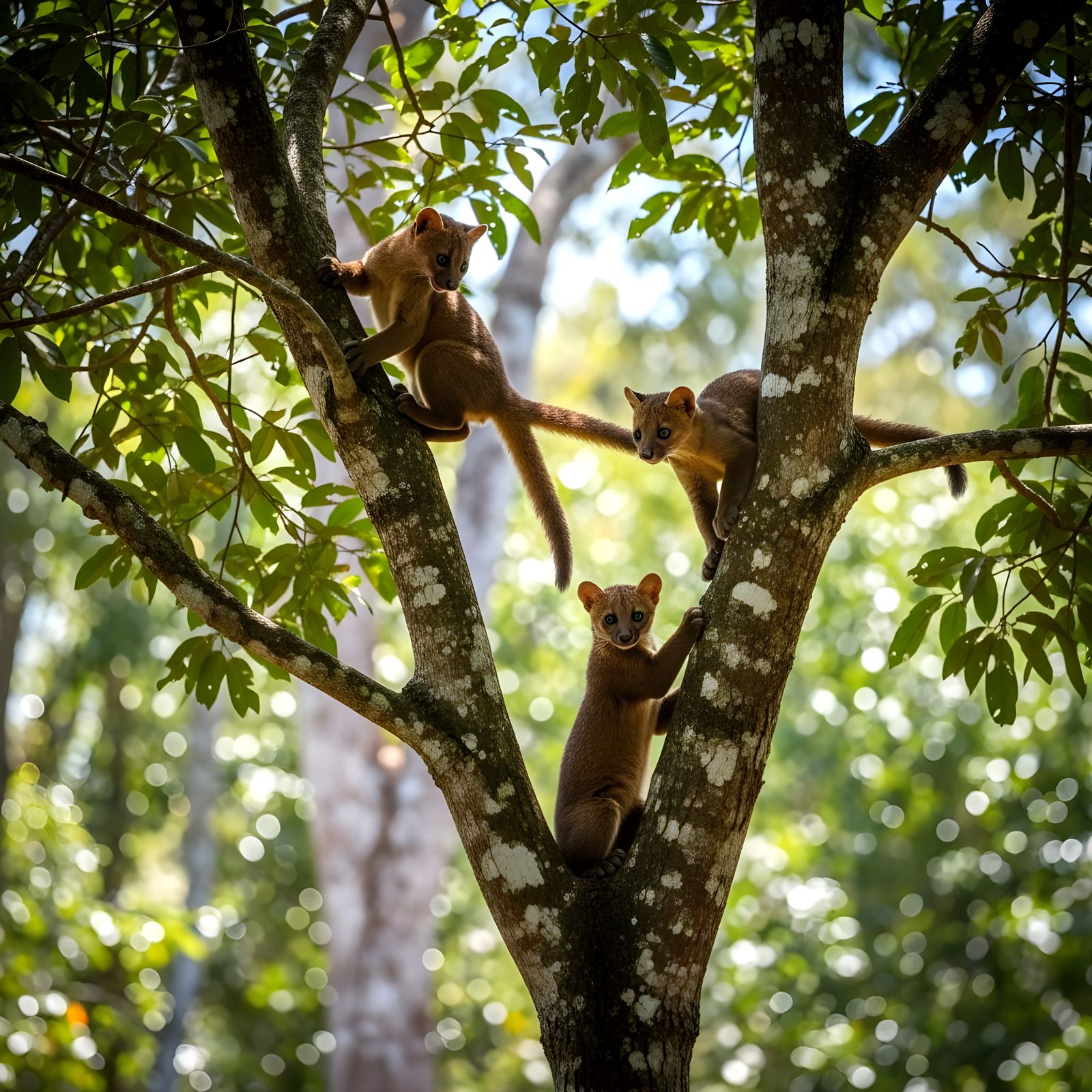 Fossa cubs playing, shot further back