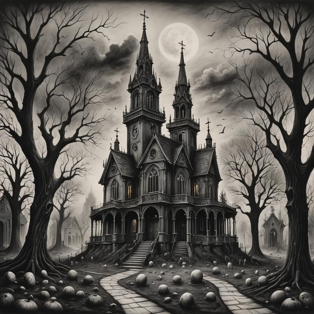 Graves and Church: A Dark Academia Charcoal Sketch