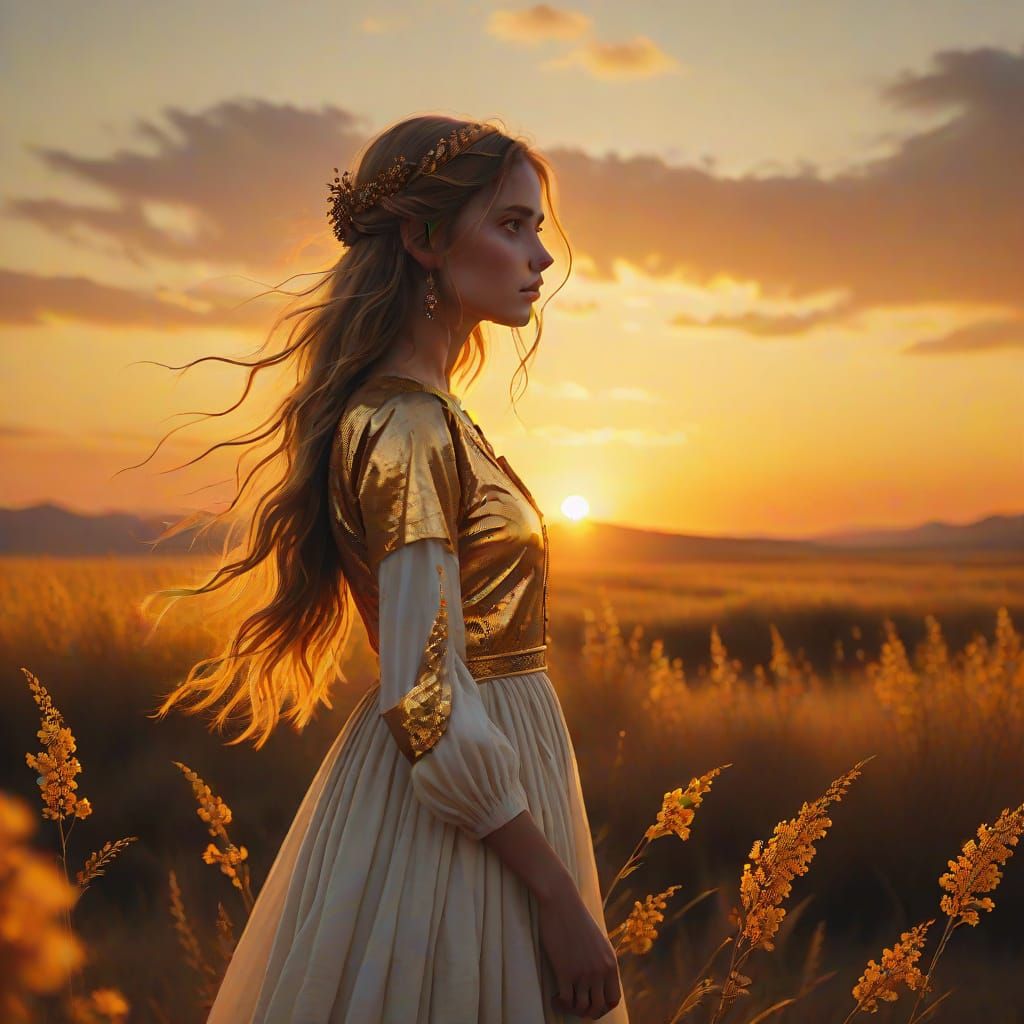 Ethereal Figure Against Golden Hour Skies
