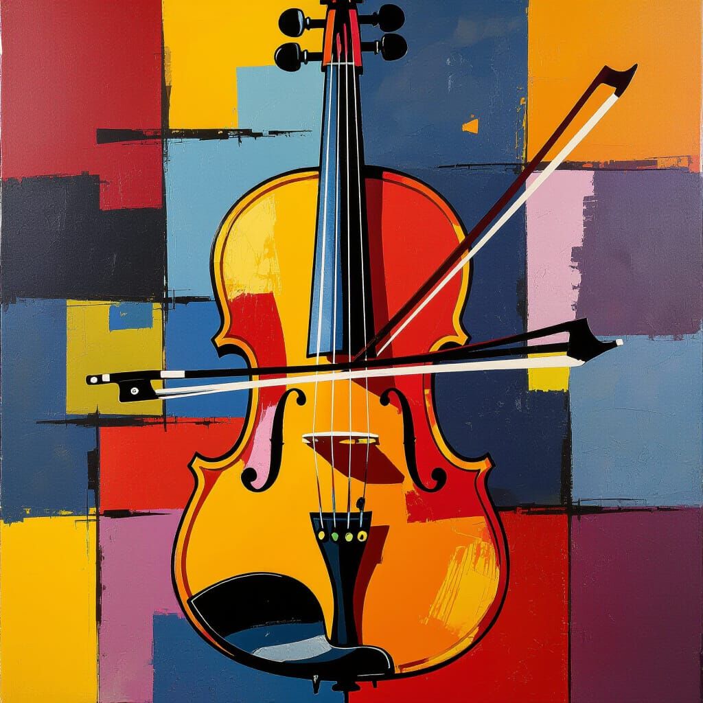 Vibrant Pop Art Violin Painting with Bold Geometric Shapes
