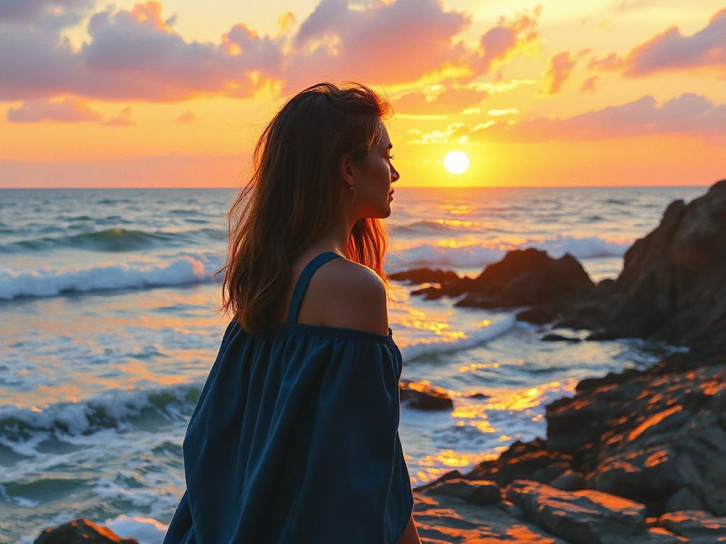 Woman Gazing at Sunset in Impressionistic Style