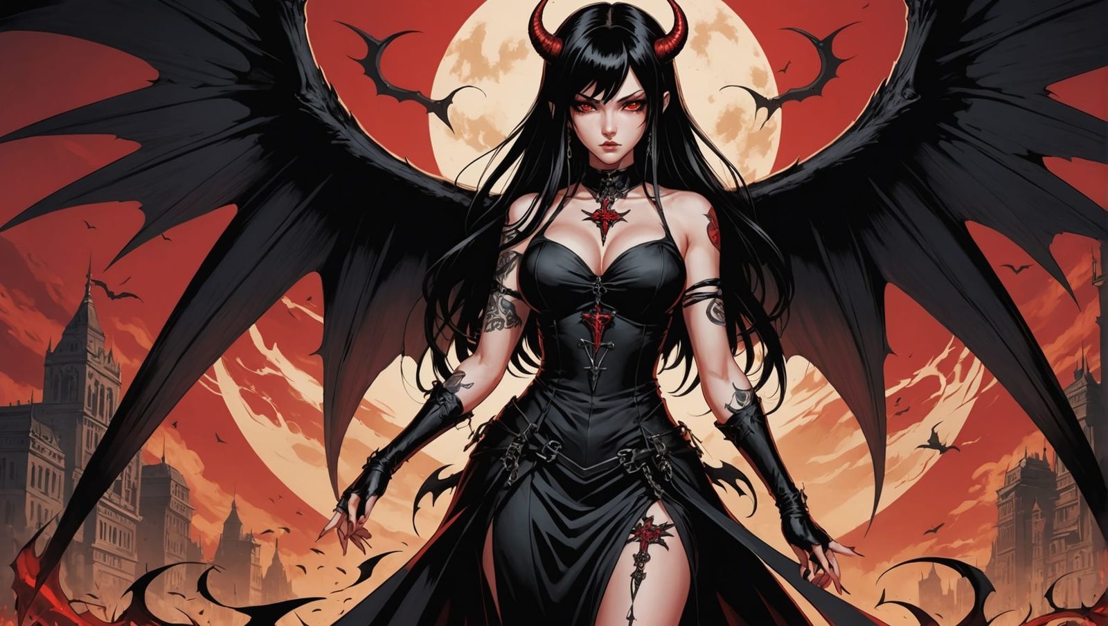 Gorgeous Devil Girl with Fiery Wings, Manga Style