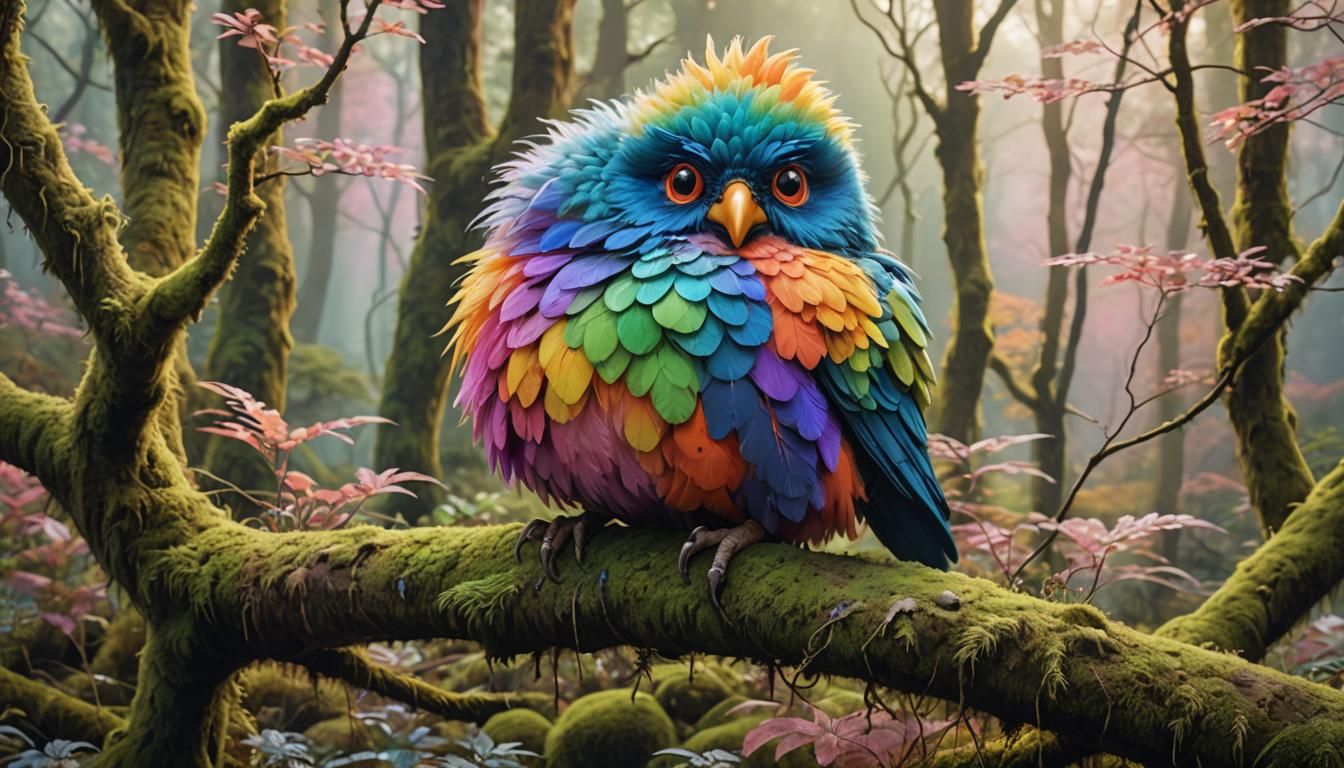 Rainbow Bird Creature on Mossy Branch