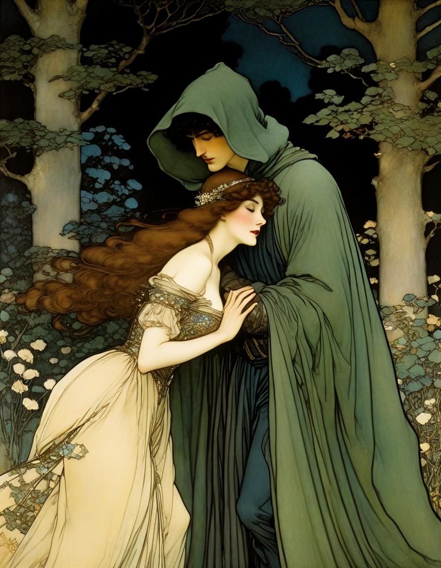 Woman's Surprise Embrace in Fantasy Illustration Style