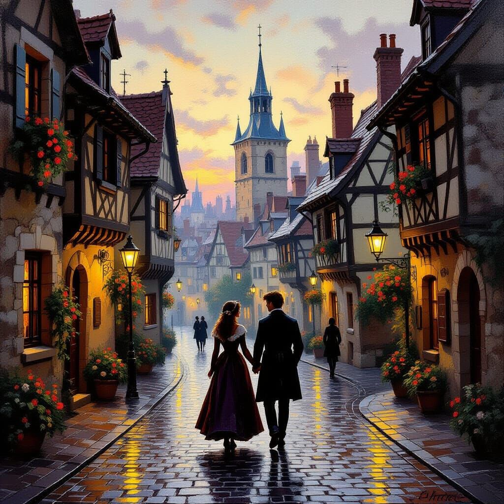 Medieval Town Square at Twilight, Romantic Oil Painting