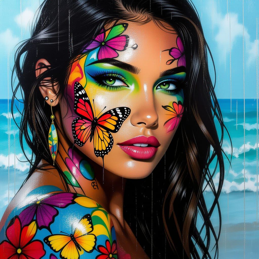 Woman with Butterfly Tattoo on Rainy Ocean Day