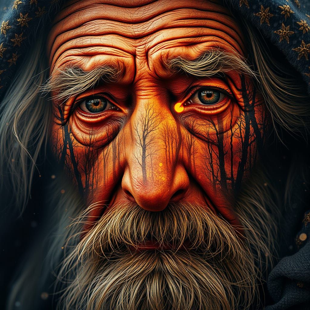 Sunset Forest on Woman's Face in Impasto Style