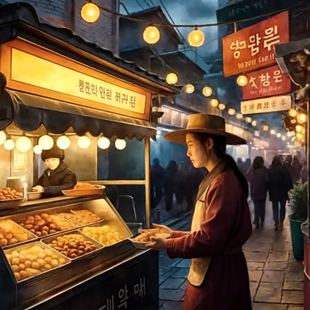 Hyperrealistic Watercolor of Korean Street Food Vendor
