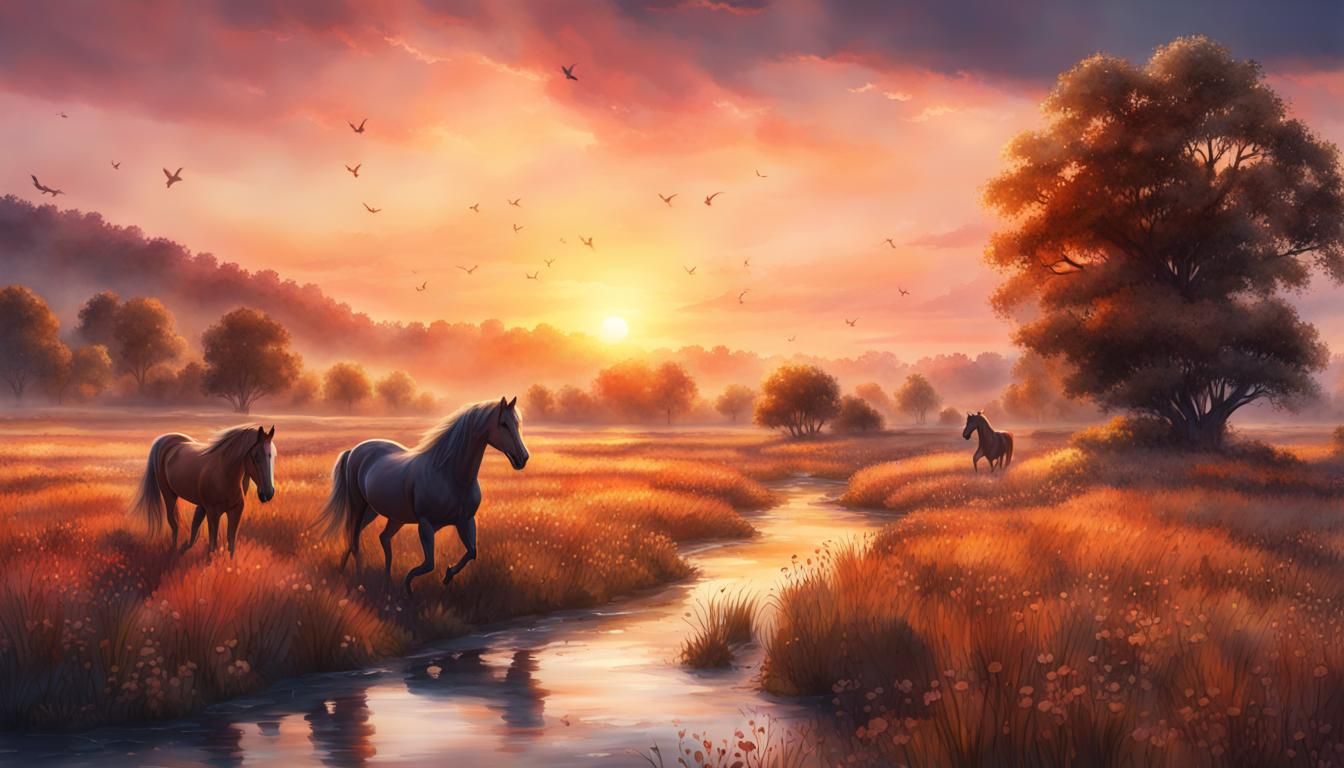 Sunset River Horses in Watercolor