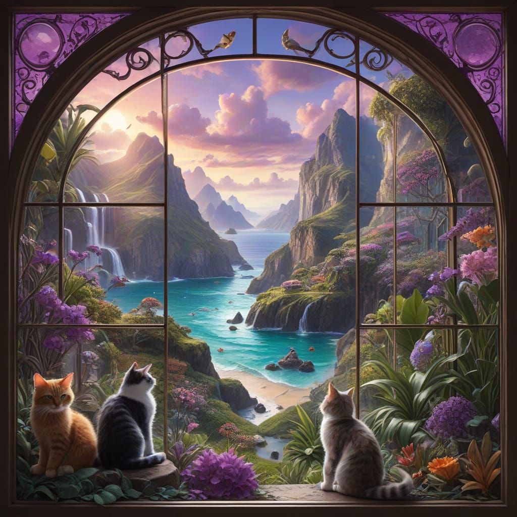 Epic Fantasy Cats in a Tropical Paradise Viewed Through an O...