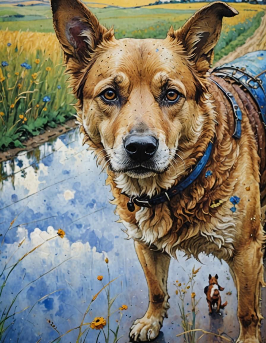 Couple with Dog in Countryside Landscape, Alcohol Ink Style