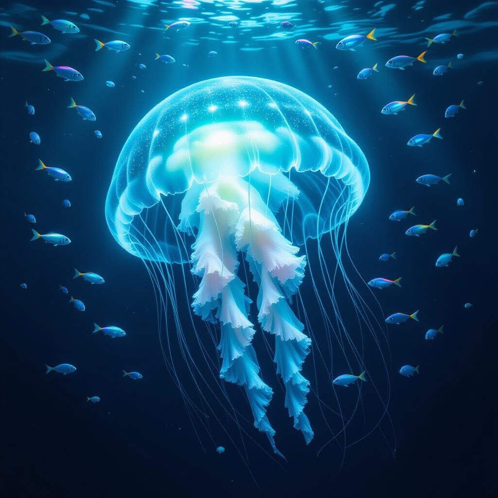 Bioluminescent Jellyfish Drifting Through Deep-Sea Trench
