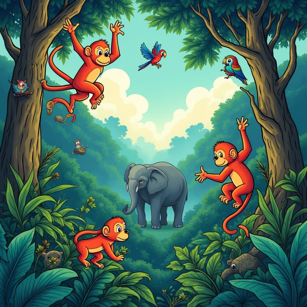 Vibrant Jungle Scene with Playful Monkeys and Majestic Eleph...