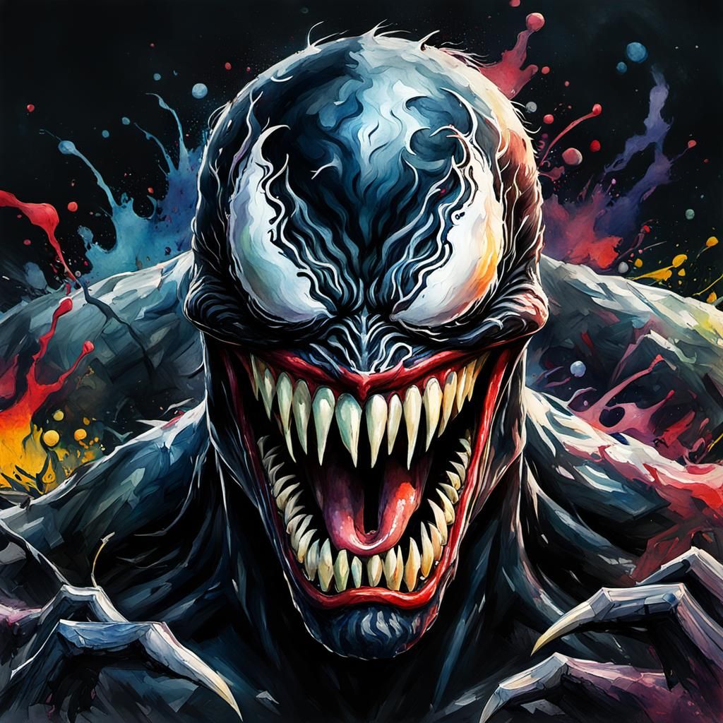Grotesque Watercolor Painting of Venom as a Cannibal