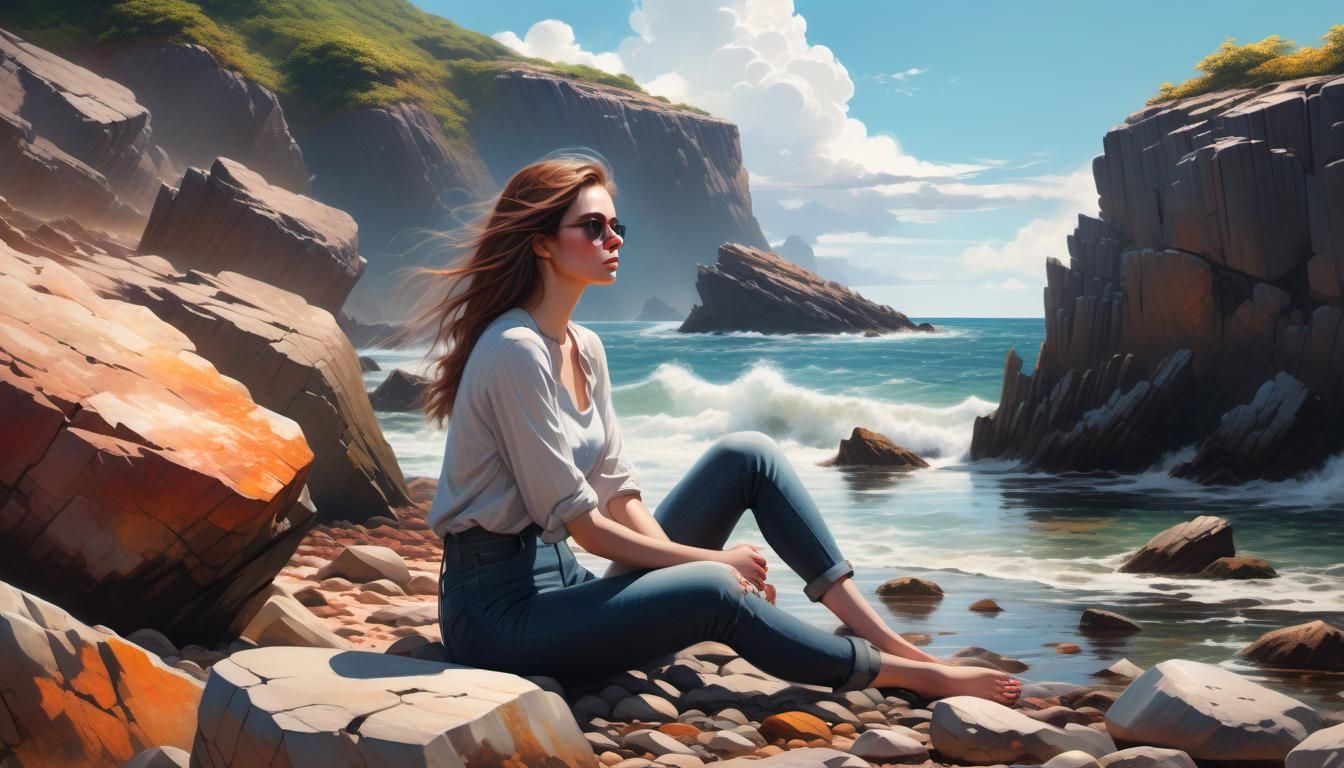Contemplative Woman on Rocky Beach in Hyperrealism
