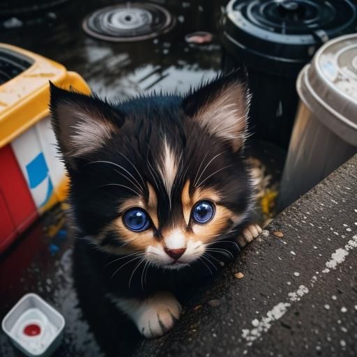 Cute Chibi Cat Hiding in Garbage on Rainy Day
