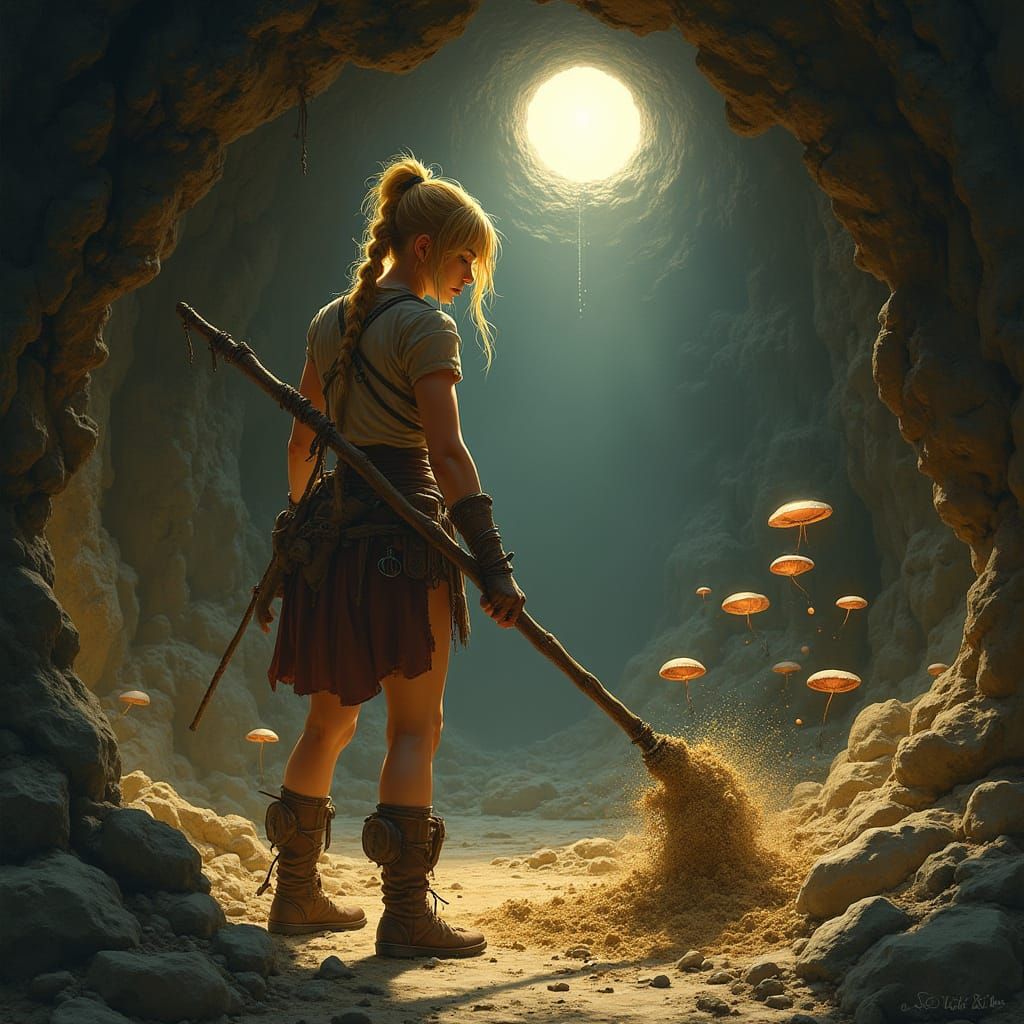 A Blonde Woman in a Lit Cave, Digging with a Giant Stick