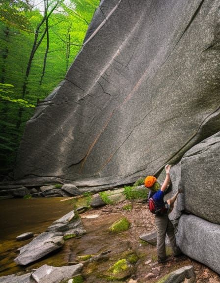 Metamorphic Rock Face with Hiker and Waterfall