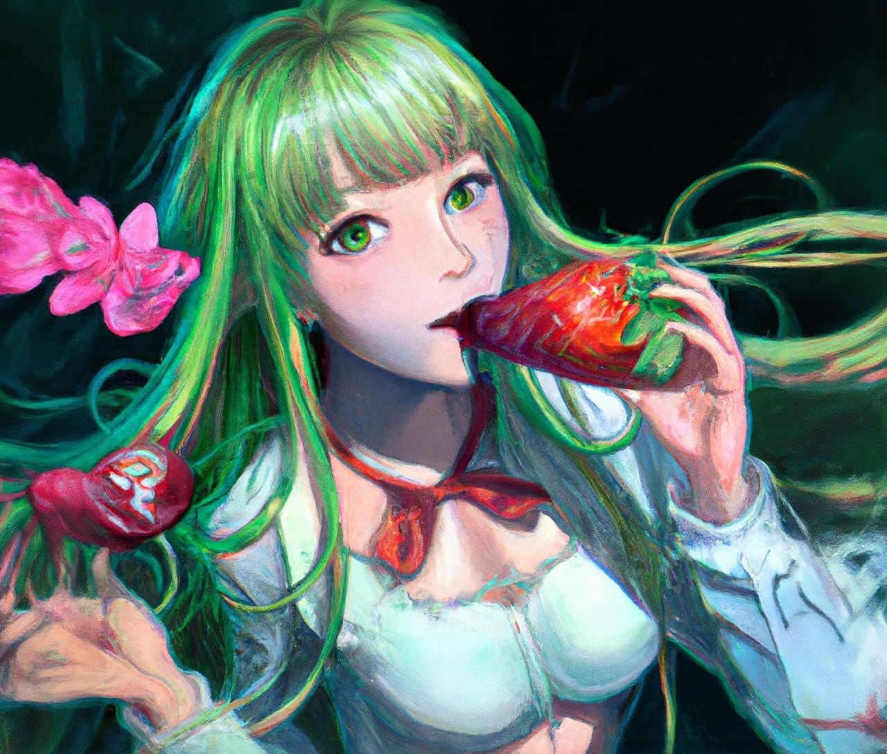 Cute Zombie Girl Enjoying Strawberries in Maximalist Style