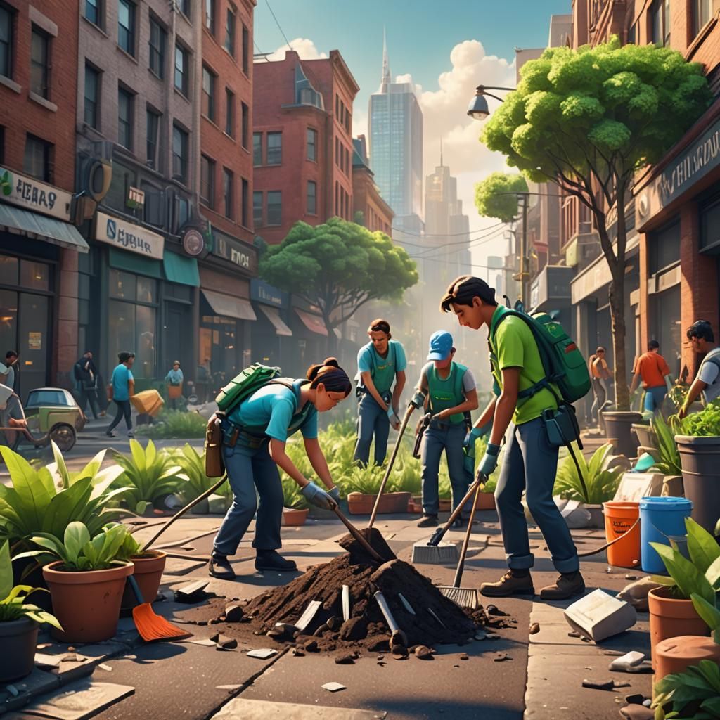 Ecological Activists Clean City: Pixar-Style 3D Art