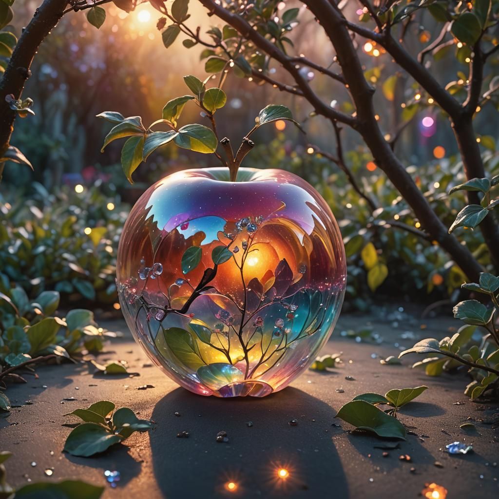 Glowing Crystal Apple in Iridescent Garden