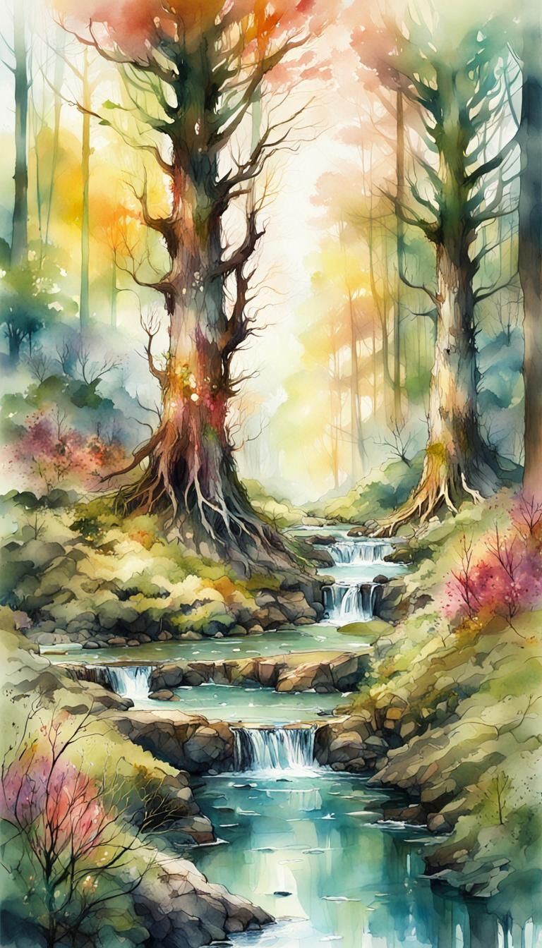 Lush Forest: Digital Watercolor Illustration of Ancient Tree...