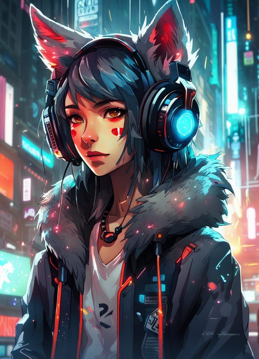 Cyberpunk Anthro Wolf DJ in Anime Style