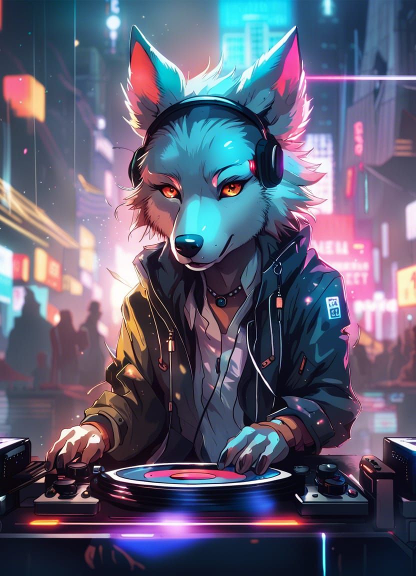 Anime Anthro Wolf DJ in Cyberpunk Style