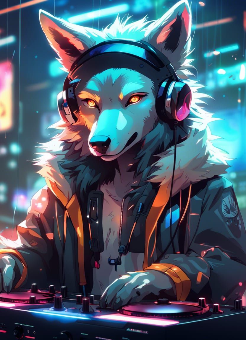 Cyberpunk Anthro Wolf DJ with Glowing Eyes
