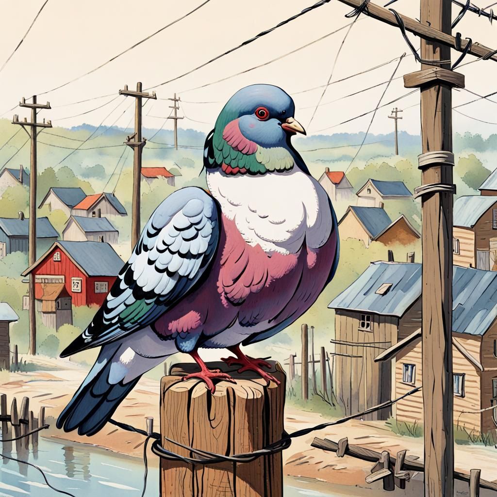 Colorful Pigeon on Telegraph Pole Illustration