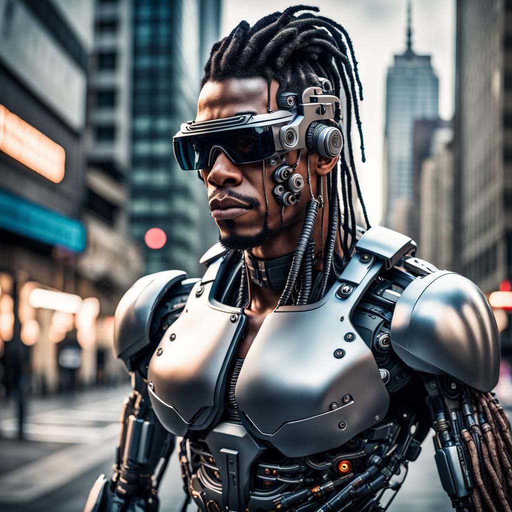 Hyperrealistic Cyborg with Visor in Cityscape