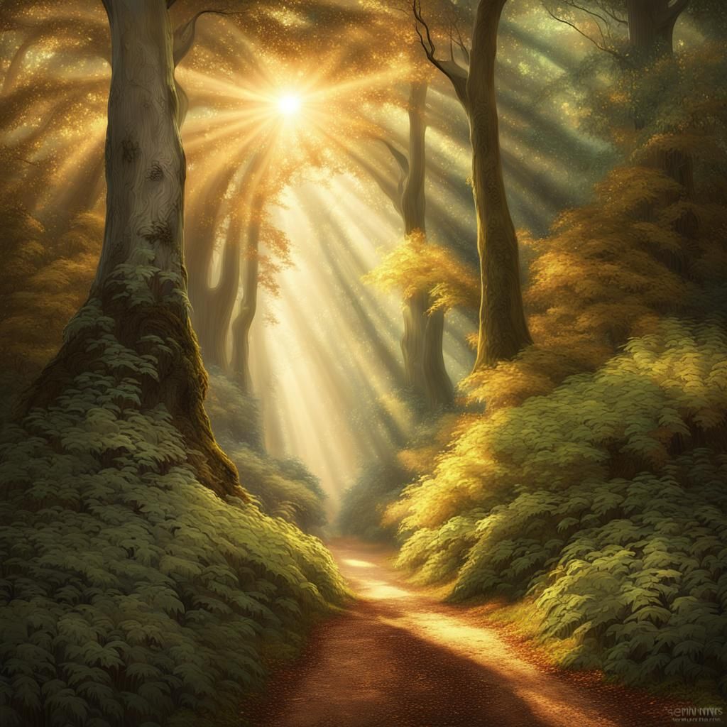 Ethereal Forest Path with Sun Rays