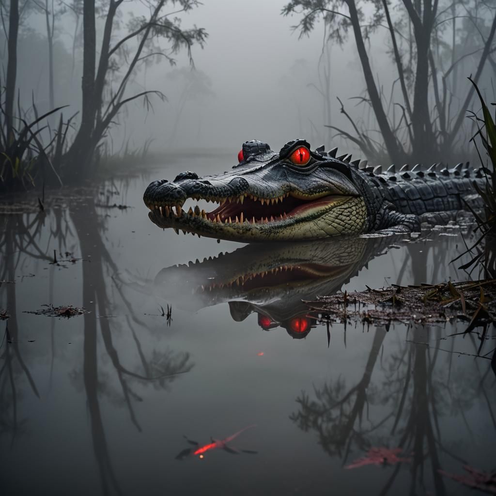 Two-Headed Alligator in a Foggy Swamp